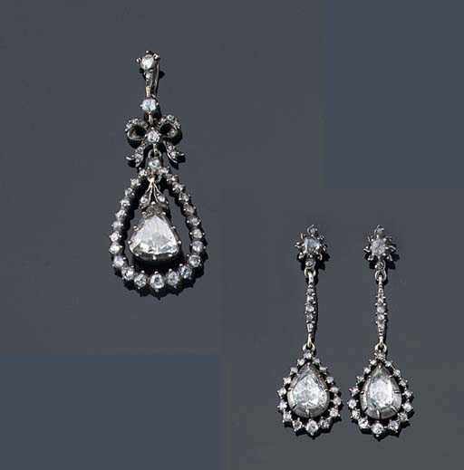 AN ANTIQUE PAIR OF ROSE-CUT DIAMOND EARRINGS AND A PENDANT, BY J. ROZENDAAL