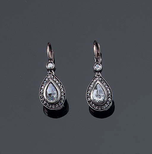 A RUSSIAN PAIR OF ROSE-CUT DIAMOND EARRINGS