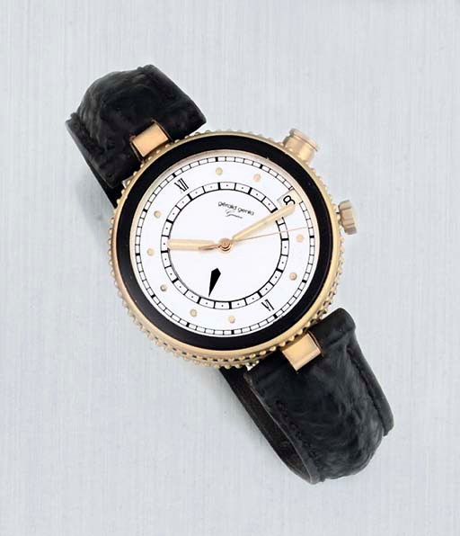 Gerald Genta. An 18ct Gold Water Resistant Centre Seconds and Alarm Wristwatch with Mother of Pearl dial and date