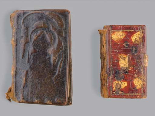 [MINIATURE BOOKS].  Andachtigen Gebet Buechlein. Colligirt durch Johan Jep.  Stralsund: Michael Meder, 1682. 38 x 22 mm. Engraved frontispiece.  Contemporary red leather gilt, clasp (some rubbing). -- Andachtige Gebet auff alle Tag in der Wochen. Morgens und Abende zuspechen... Copenhagen: Daniel Eichorn, 1653.  48 x 30 mm. Contemporary blindstamped calf (small backstrip defects). 	 (2)
