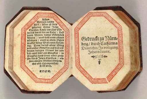 [OCTAGONAL SHAPED BOOK]. Geistliche Lieder und Psalmen auch Hymni und andere Chorgesäng. Nach Ordnung der Jarzeit zugericht. Nuremberg: Catharina Dieterich for Johann Lauer, 1601.