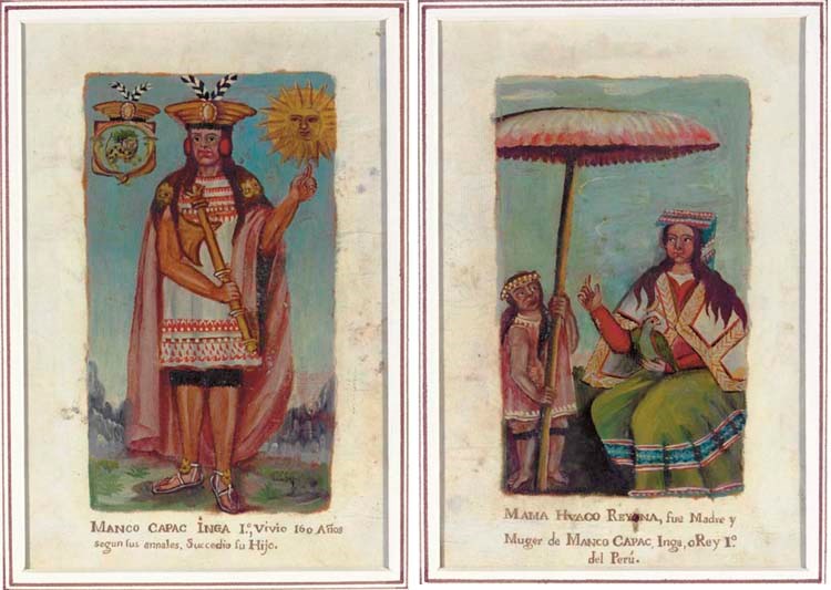 [PERUVIAN DRAWINGS.] A group of 12 oil paintings on paper of Inca Kings. Possibly late 17th-18th century?