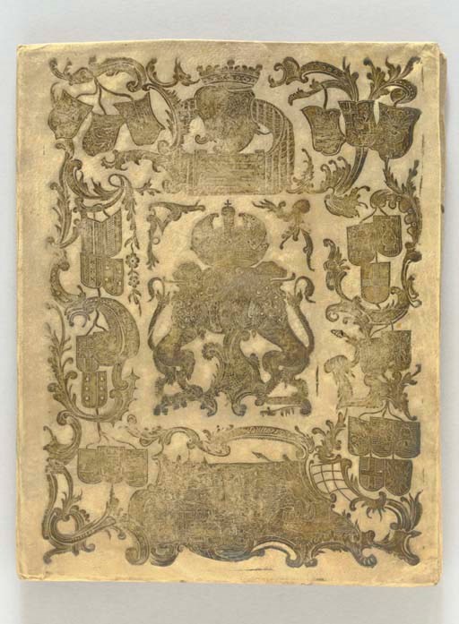 [ALMANAC]. DAM, Dirk Jansz. Van. Almanach, op't jaar onses Heeren Jesu Christi, 1771. Amsterdam, heirs of the widow of Cornelis Stichter, 1771. 4o (191 x 152 mm). Title and calendar pages printed in red and black, with a large armillary sphere publisher's device, 12 woodcut scenes for the months in the calendar, the calender interleaved. A SIGNED DUTCH BINDING of contemporary vellum elaborately stamped in gilt with central coat-of-arms of Amsterdam surrounded by bold floral tools and smaller shields of coat-of-arms, lower cover in a matching design with three soldiers in center, both sides signed "DUISBERG, F."