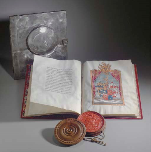 [AUSTRIAN PATENT OF NOBILITY.] -- MARIA THERESIA (1717-1780), Empress of Austria. Manuscript document signed ("Maria Theresia"), grant of arms and patent of nobility, Vienna, 10 October 1771.