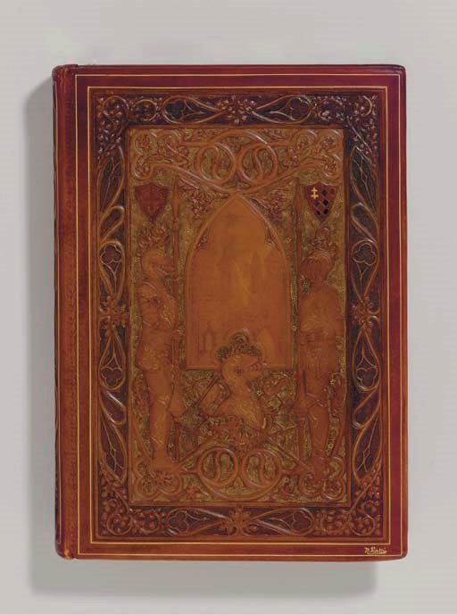 [RALLI, N., binder]. A group of five bindings: KEATS, John. Sur une urne Grecque. Paris: Édouard Pellatan, 1908. 8o. Color illustrations by de Bellery-Desfontaines. Full calf, front cover with central relief plaque with Greek urn at center of a Grecian temple, title incised at bottom on plaque bounded by two cobras, rear cover with greek-key border surrounding a scrolling leaf panel and geometric central panels, top edge gilt, silk linings and endleaves with geometric pattern, gilt-stamp signed "N. Ralli," at bottom of front cover. LIMITED EDITION, number 68 of 175 copies signed by the publisher. -- GASTINE, Loys Julius. Lys amours d'Helain-Pisan et d'Iseult de Savoisy. Paris: Maison Quantia, 1890. 8o. Illustrations by Édouard Zier. Full calf, decorated with all over floral relief pattern, with three cherubs holding a banner in the center and gilt-stamped with title, blind-tooled border, top edge gilt, silk linings, gilt-stamp signed "N. Ralli," at bottom of front cover. LIMITED EDITION, number 463 of 520 copies. -- SAND, George. Les beaux messieurs de Bois-Doré. Paris: Testard, 1892. 2 volumes, 4o. Illustrated by Adrien Moreau. Both volumes full calf; volume I front cover with central relief gothic window blind-stamped with image of a castle, flanked on each side by a full-length armored guard, all within a relief leaf-patterned border, back cover with central relief design of various pieces of weaponry within a relief leaf-patterned border, volume II front cover with central club-shaped cartouche blind-stamped with image of a castle, flanked by two crowns and two crests, four armored helmets in each corner, all surrounded by a leaf-patterned border, back cover with central relief design of various pieces of weaponry, shields, and helmets, three maple leaves in each corner, all surrounded by a leaf-patterned border, both volumes with patterned silk linings, gilt-stamp signed "N. Ralli" in bottom right corners of front covers. -- Poëmes et ballades du temps passé. Préface de Jules de Marthold. Paris: Charles Meunier, 1902.  Large 4o. Illustrated by Albert Robida, woodcut vignettes by P. Gusman. Full calf, with elaborate all over relief pattern of dragons and scrolling leaves, with the face of a bearded man in the center and two profiles of men in winged helmet, top edge gilt, silk linings. Together 5 volumes. 	 (5)