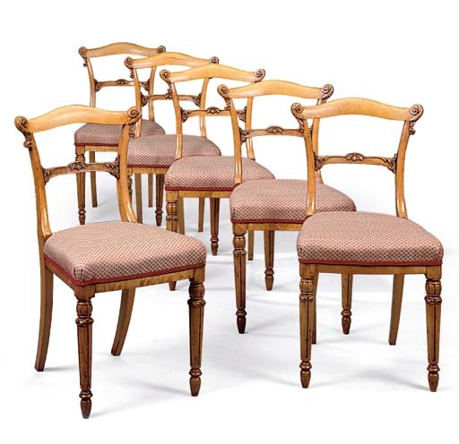 A SET OF SIX EARLY VICTORIAN BIRD'S-EYE MAPLE DINING CHAIRS