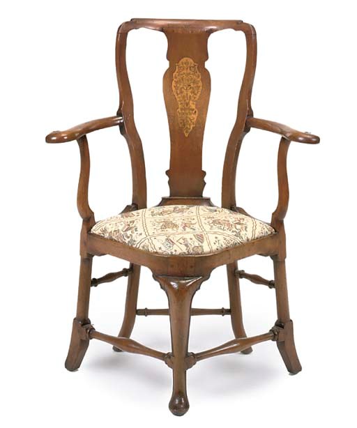 A WALNUT AND MARQUETRY CORNER CHAIR