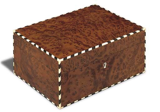 A ROBERT LEWIS BURR-WALNUT VENEERED HUMIDOR