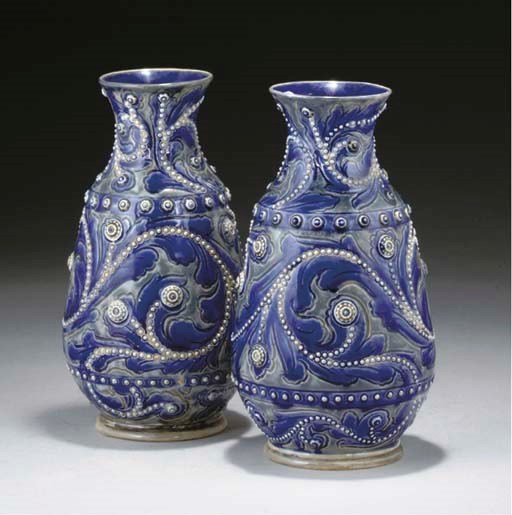 A PAIR OF DOULTON LAMBETH STONEWARE VASES