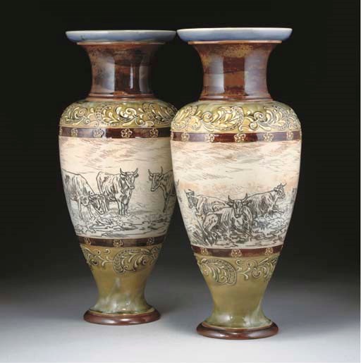 A PAIR OF DOULTON LAMBETH STONEWARE VASES