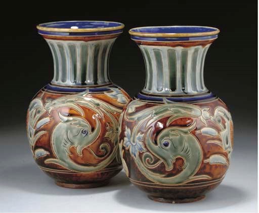 A PAIR OF DOULTON LAMBETH STONEWARE VASES