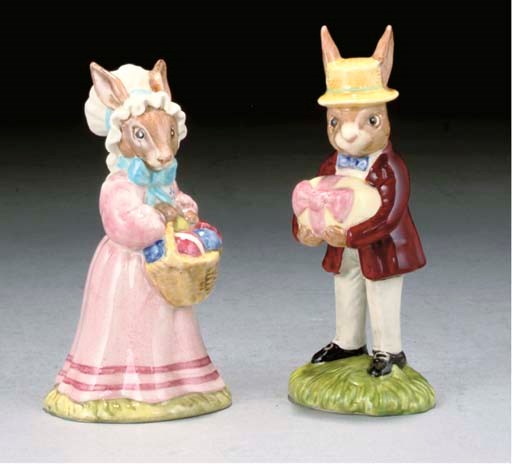 TWO ROYAL DOULTON MR AND MRS BUNNYKINS AT THE EASTER PARADE DB51 AND DB52 FIGURES
