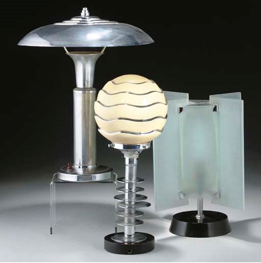 THREE ART DECO CHROME AND GLASS TABLE LAMPS