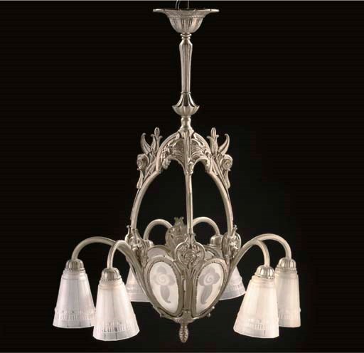 AN ART DECO SILVERED METAL AND FROSTED GLASS CEILING LIGHT