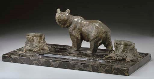 A LARGE ART DECO GREEN PATINATED BRONZE AND MARBLE INKWELL AND PEN TRAY