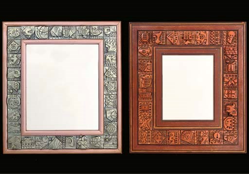 TWO RON HITCHINS POTTERY PANEL FRAMED MIRRORS