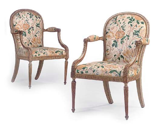 A PAIR OF GEORGE III CREAM-PAINTED AND PARCEL-GILT OPEN ARMCHAIRS