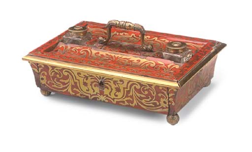 A GEORGE IV BOULLE STYLE BRASS-INLAID RED TORTOISESHELL INKSTAND