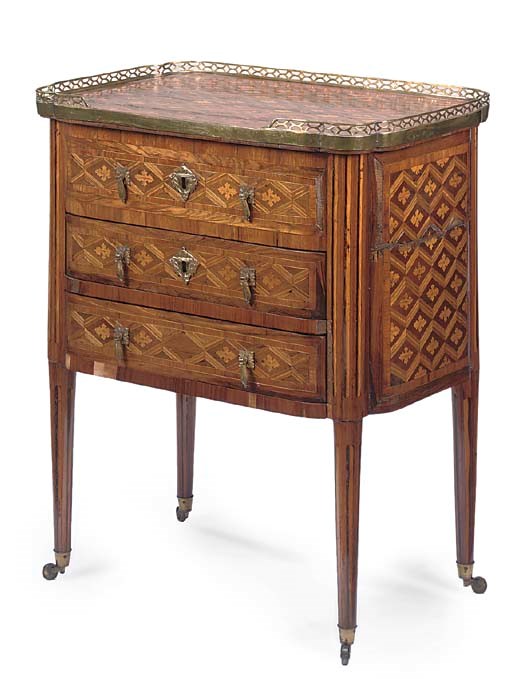 A LOUIS XVI KINGWOOD, AMARANTH AND PARQUETRY PETITE COMMODE