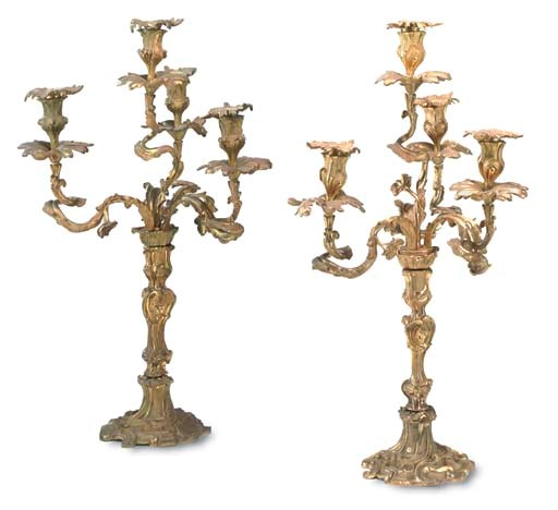 A PAIR OF EARLY VICTORIAN GILT-BRONZE FOUR-LIGHT CANDELABRA