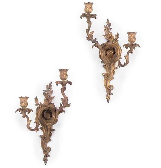 A PAIR OF FRENCH ORMOLU TWIN-LIGHT WALL APPLIQUES