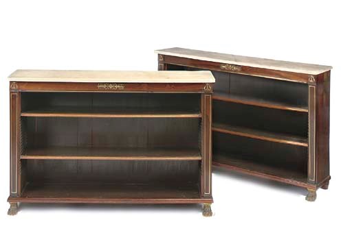 A PAIR OF REGENCY ORMOLU-MOUNTED AND BRASS-INLAID ROSEWOOD LOW BOOKCASES