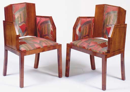A PAIR OF ART DECO STYLE MAHOGANY ARMCHAIRS,