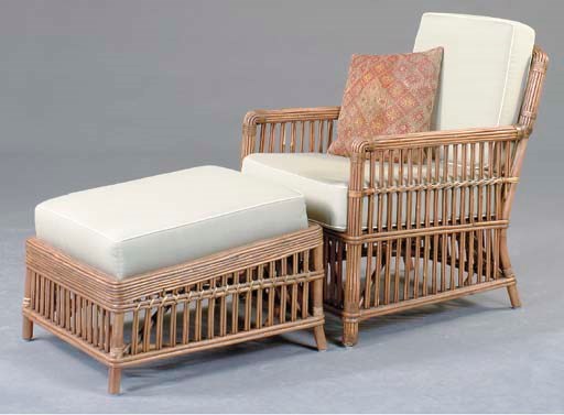 A SET OF THREE RATTAN PATIO CLUB CHAIRS TOGETHER WITH A MATCHING FOOTSTOOL,