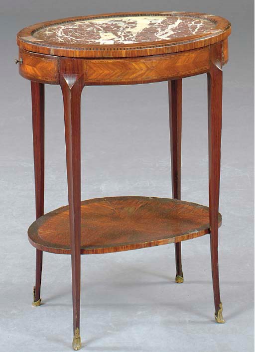 A LOUIS XV STYLE KINGWOOD AND MAHOGANY TABLE EN CHIFFONIERE,