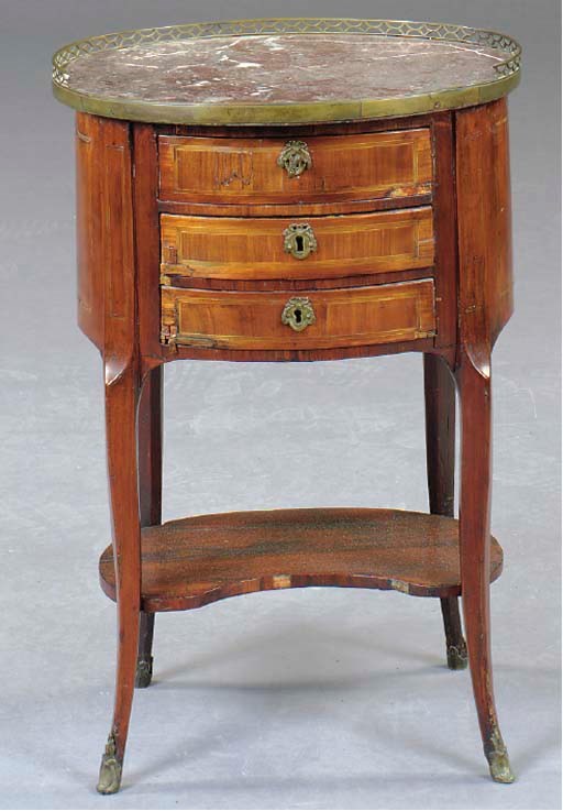 A LOUIS XV STYLE KINGWOOD AND TULIPWOOD GILT-METAL MOUNTED TABLE A ECRIRE,