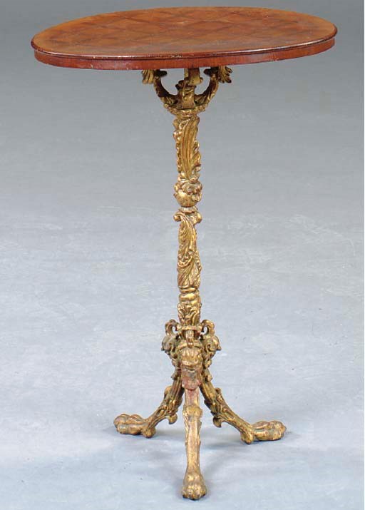A GILT-METAL AND PARQUETRY-INLAID MAHOGANY TRIPOD TABLE,