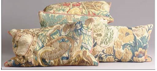 A SET OF FOUR FLEMISH TAPESTRY COVERED CUSHIONS,