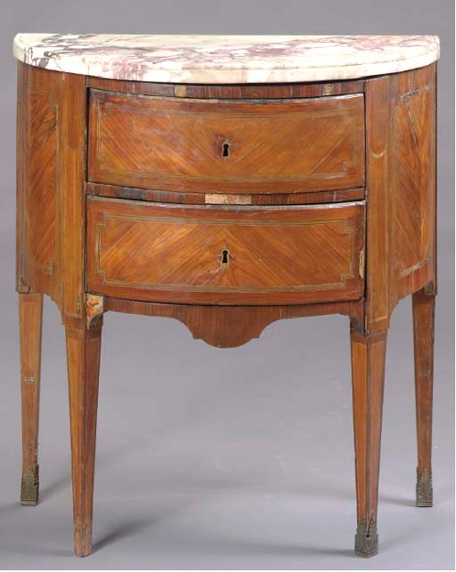 A LOUIS XVI ORMOLU-MOUNTED TULIPWOOD AND KINGWOOD DEMILUNE COMMODE,