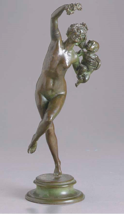 A BRONZE SCULPTURE OF BACCHANTE AND INFANT FAUN,