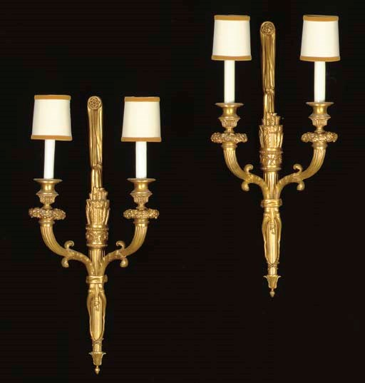 A PAIR OF LOUIS XVI STYLE GILT-BRONZE TWO-LIGHT WALL APPLIQUES,