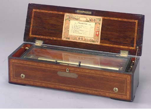 A SWISS MAHOGANY MARQUETRY INLAID MUSIC BOX,