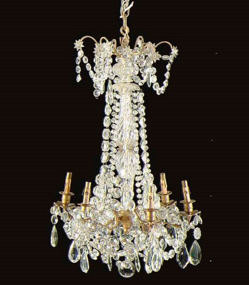A LOUIS XV STYLE GILT-METAL AND CUT-GLASS SIX-LIGHT CHANDELIER,