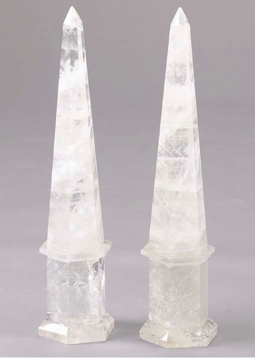 A PAIR OF HEXAGONAL-FORM ROCK CRYSTAL OBELISKS,