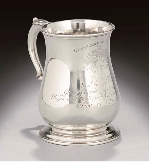 A GEORGE II SILVER FLOWER SHOW PRIZE MUG,