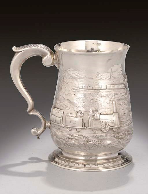 RAILWAY INTEREST:- A GEORGE II SILVER MUG WITH LATER PRESENTATION & DECORATION,