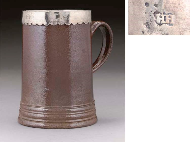 A LATE 17TH CENTURY UNASCRIBED PROVINCIAL SILVER-MOUNTED SALT-GLAZE STONEWARE MUG,
