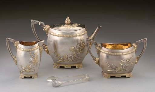 A VICTORIAN 3-PIECE PARCEL-GILT SILVER TEASET,