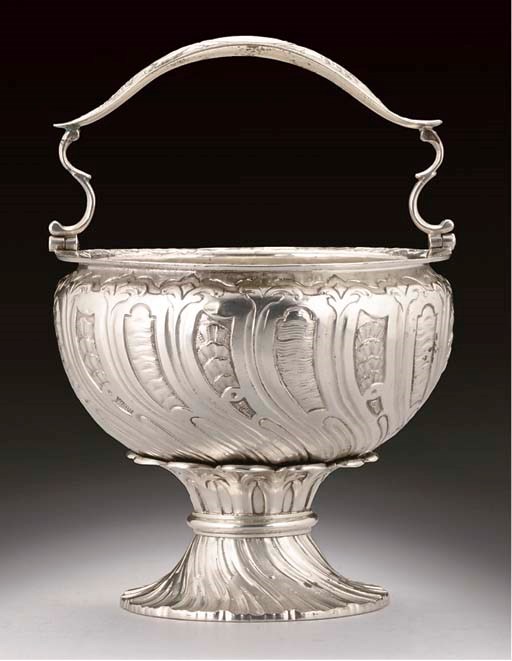 AN UNUSUAL GEORGE II SILVER SWING-HANDLED HOLY WATER BUCKET,