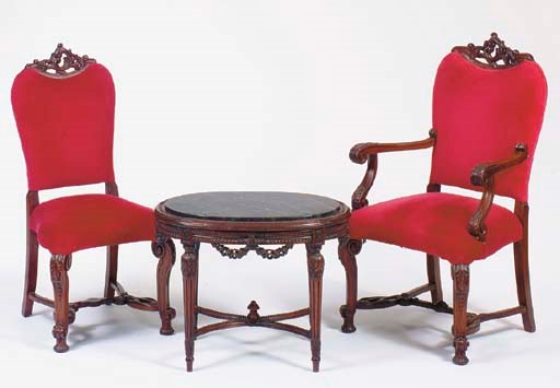A SET OF SIX BAROQUE STYLE MAHOGANY RED VELVET UPHOLSTERED DINING CHAIRS,