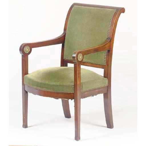AN EMPIRE STYLE GILT-BRONZE MOUNTED MAHOGANY OPEN ARMCHAIR,