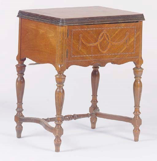 A FRUITWOOD AND OAK NEOCLASSIC STYLE SEWING TABLE WITH GRAYBAR SEWING MACHINE,
