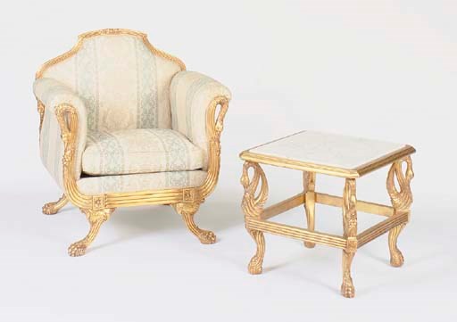 A PAIR OF EMPIRE STYLE GILTWOOD ARMCHAIRS AND TWO MARBLE TOPPED LOW TABLES,