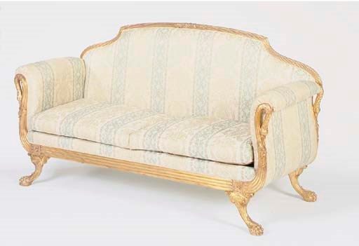 TWO EMPIRE STYLE GILTWOOD SETTEES AND A MARBLE TOP LOW TABLE,