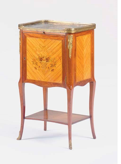 A LOUIS XV STYLE KINGWOOD FLORAL MARQUETRY AND LACQUER PANEL MOUNTED SIDE TABLE,
