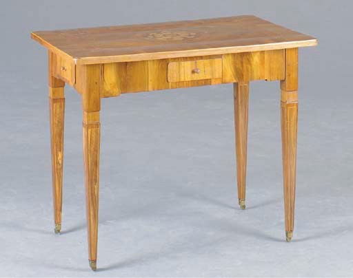 A CONTINENTAL WALNUT MARQUETRY INLAID CENTRE TABLE,